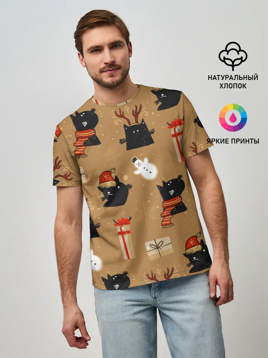 Мужская базовая футболка / Черные новогодние коты