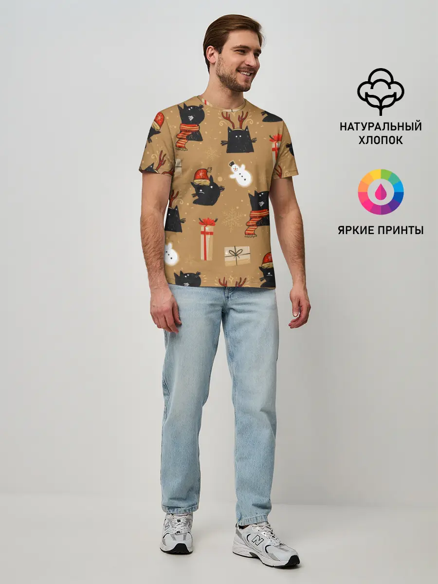 Мужская базовая футболка / Черные новогодние коты