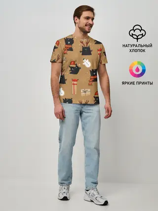 Мужская базовая футболка / Черные новогодние коты