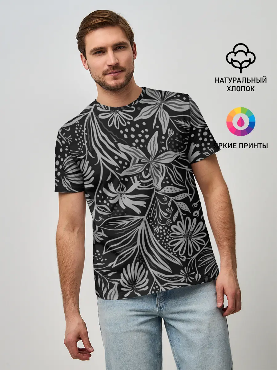 Мужская базовая футболка / Флора | Черно Белая