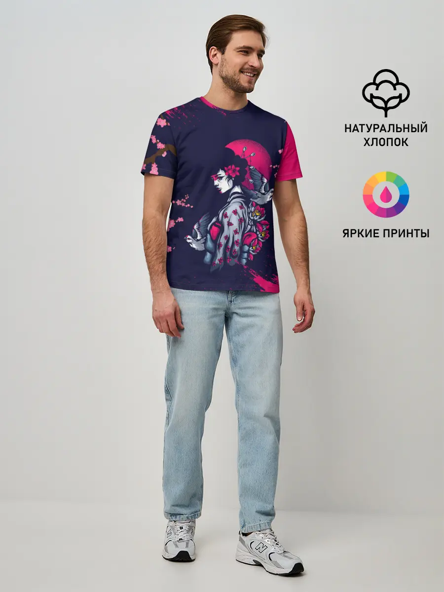 Мужская базовая футболка / ДЕВУШКА В КИМОНО И ПТИЦАМИ