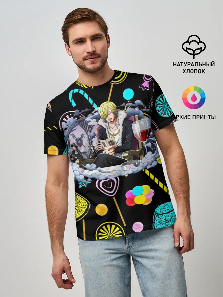 Мужская базовая футболка / Винсмок Санджи. Фон со сладостями
