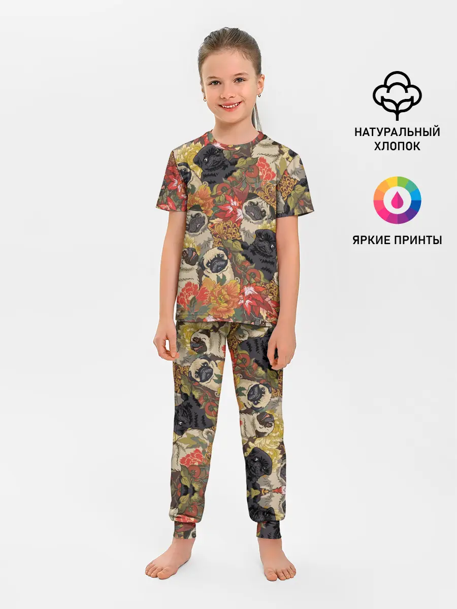 Детская пижама с брюками / Мопсики | Цветочки