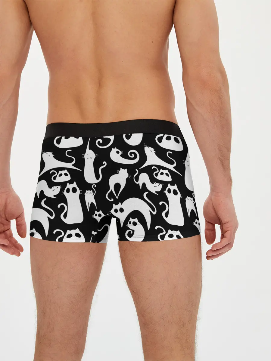 Мужские трусы боксеры / Белые коты на черном фоне