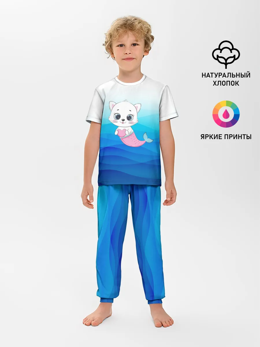 Детская пижама с брюками / Котик русалочка | Русалка с сердечком