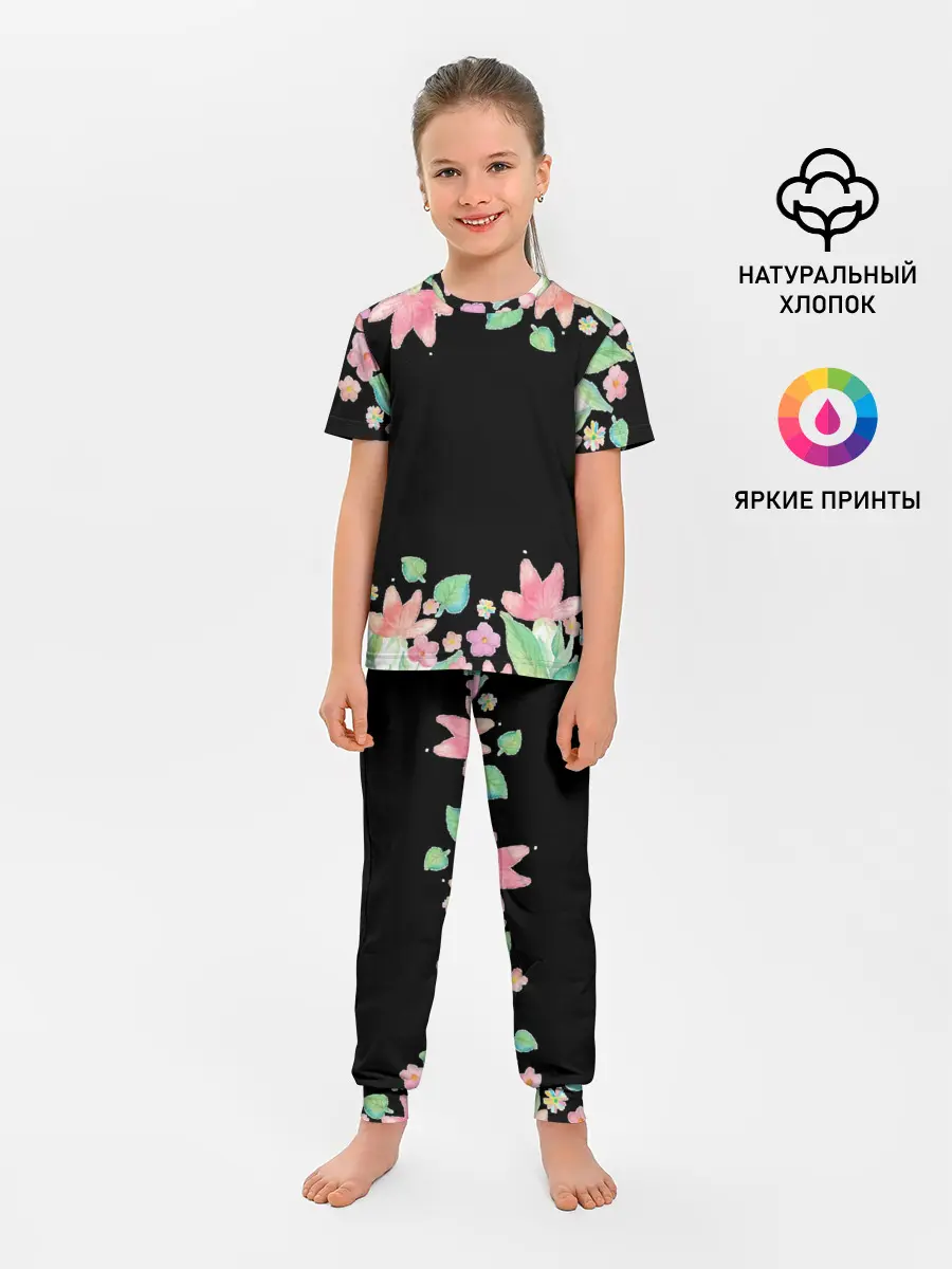 Детская пижама с брюками / Рамка из розовых и зеленых листьев