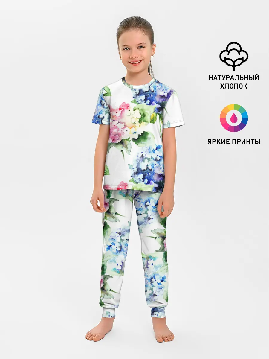 Детская пижама с брюками / Акварель, гортензии