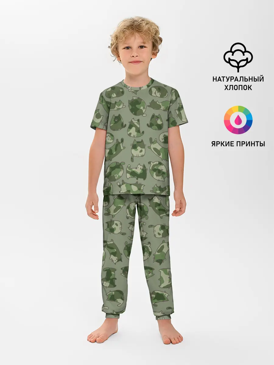 Детская пижама с брюками / Камуфляж с котиками