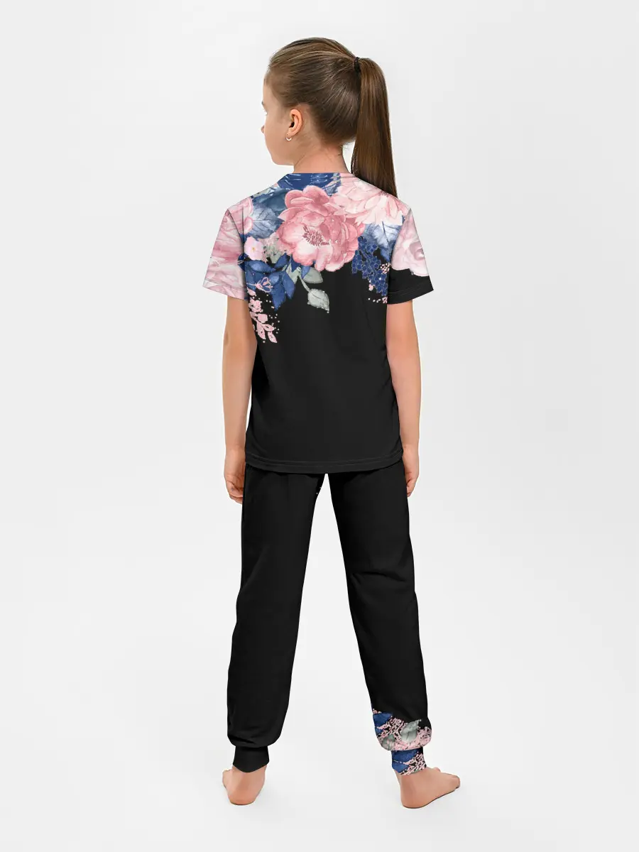 Детская пижама с брюками / цветы на черном