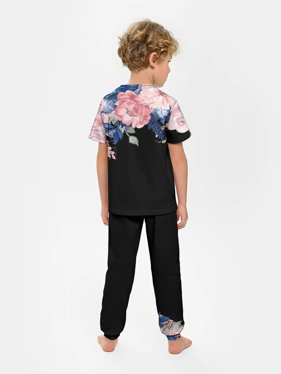 Детская пижама с брюками / цветы на черном
