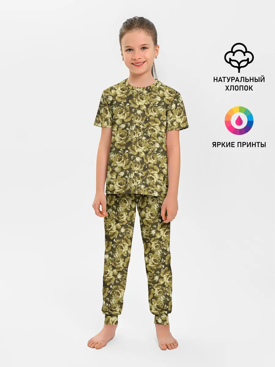 Детская пижама с брюками / Золотой камуфляж из роз