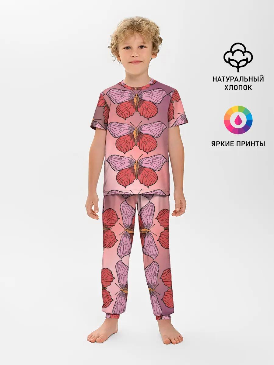 Детская пижама с брюками / Розовый принт с бабочками