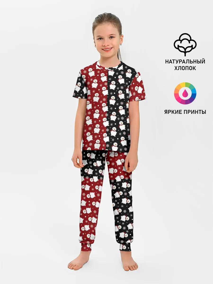 Детская пижама с брюками / Снеговики, снежинки и снег