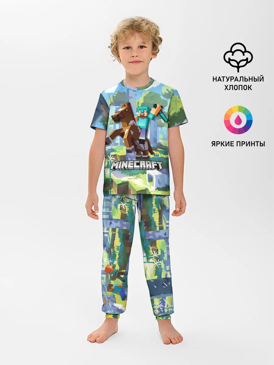 Детская пижама с брюками / Майнкрафт на коне в березовом лесу