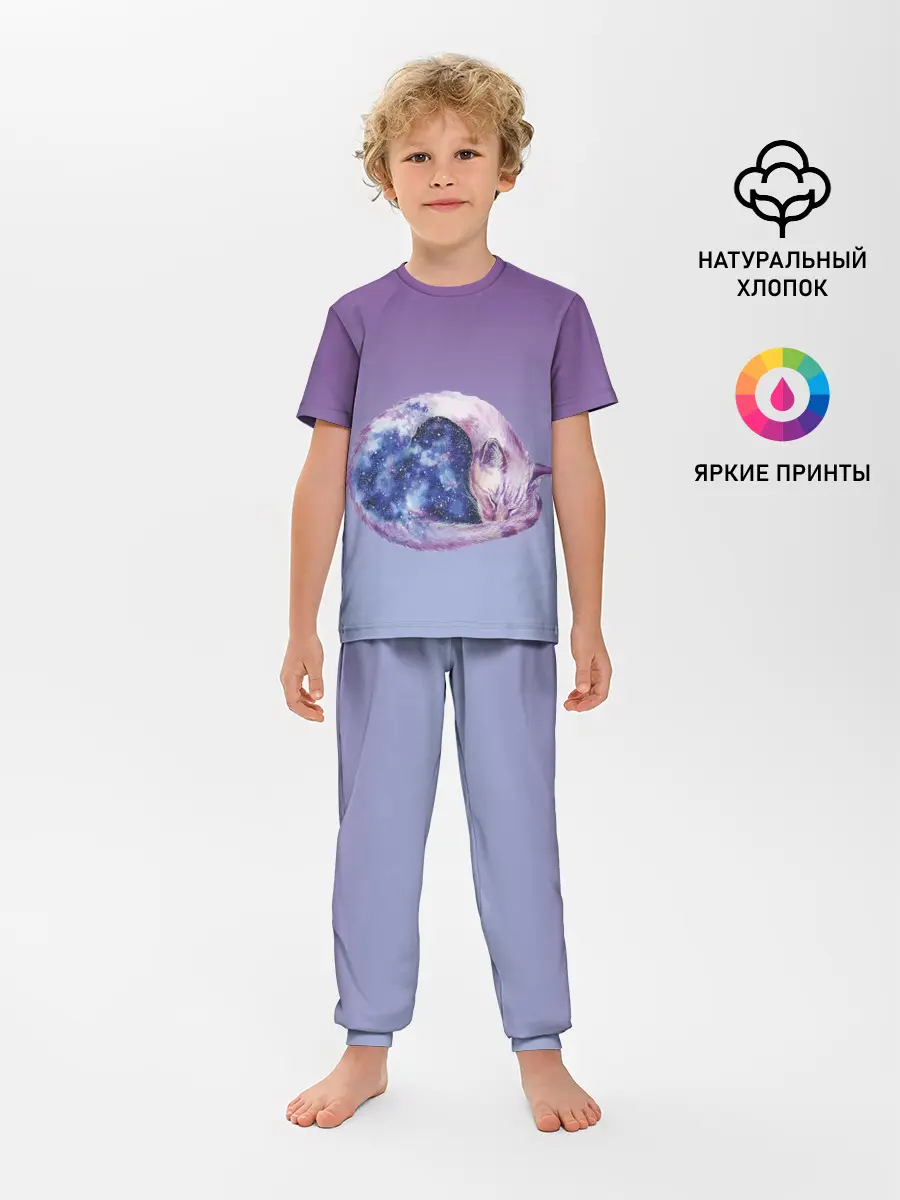 Детская пижама с брюками / кот звездное небо спит