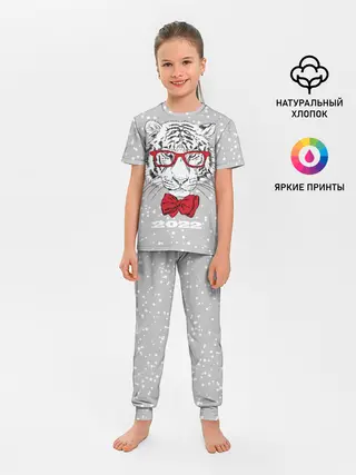 Детская пижама с брюками / Белый тигр с красным бантом