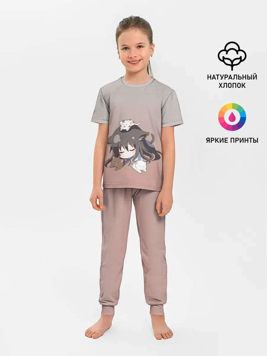 Детская пижама с брюками / малышка спит ушки котики