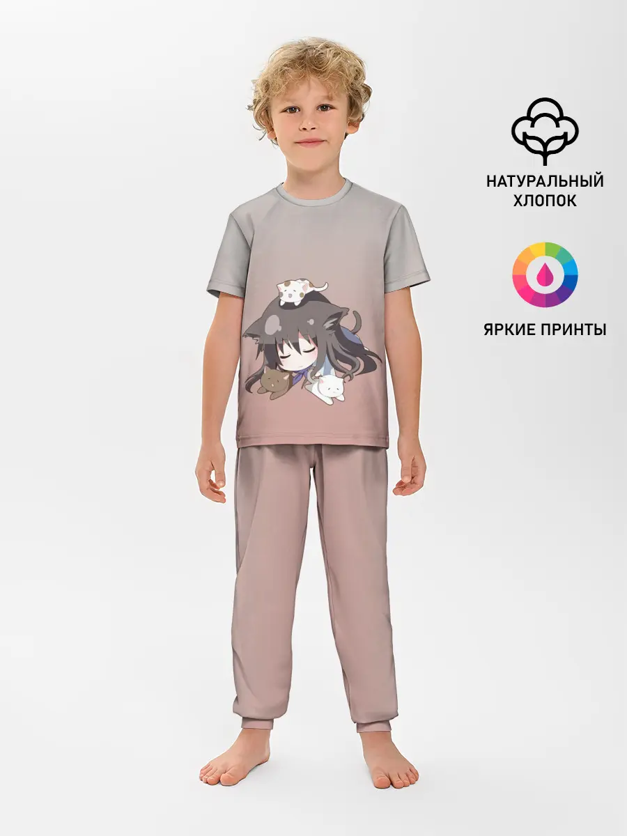 Детская пижама с брюками / малышка спит ушки котики