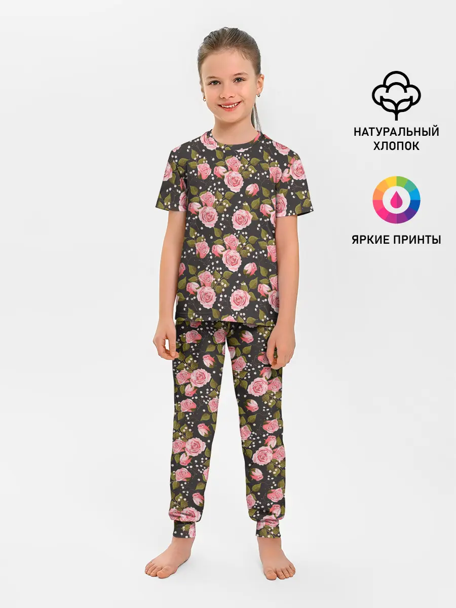 Детская пижама с брюками / Яркие розовые розы