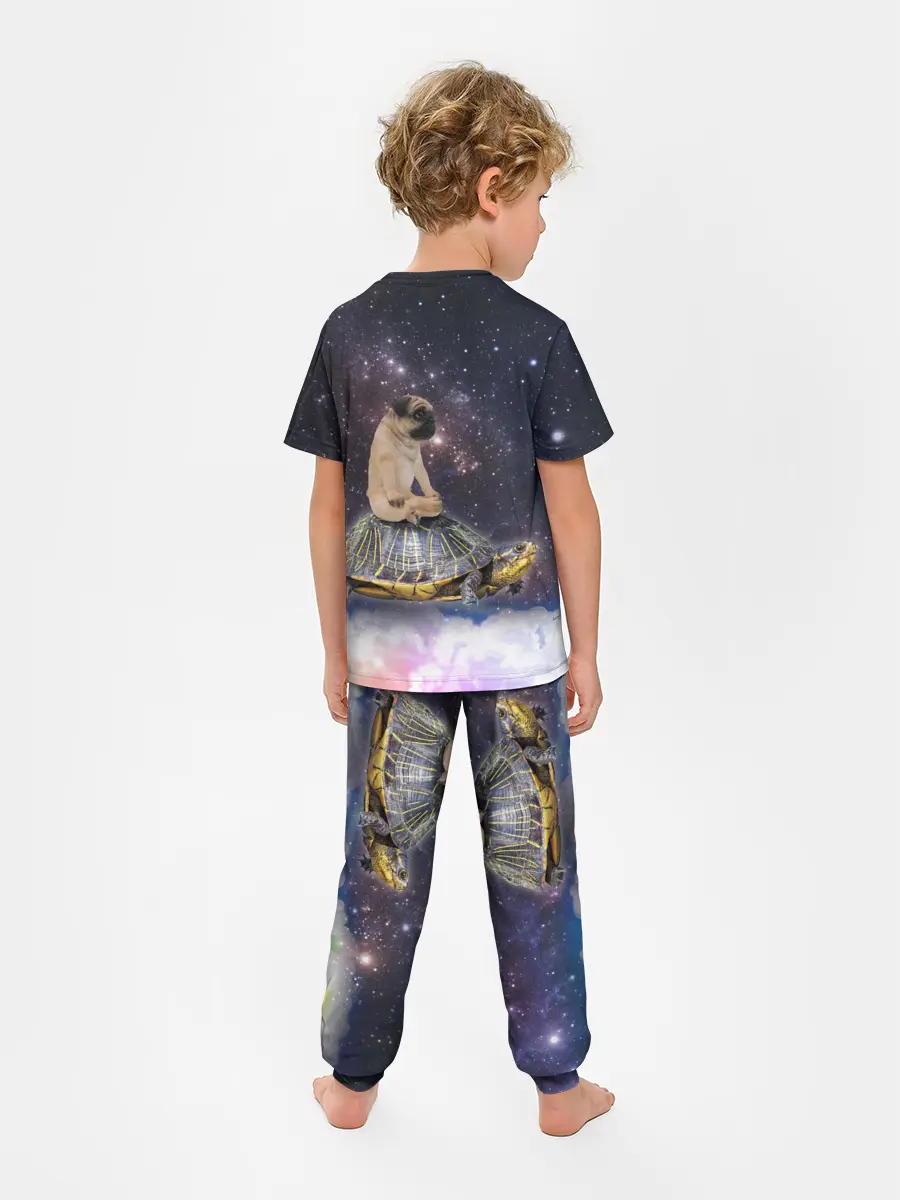 Детская пижама с брюками / Мопс на черепахе в космосе