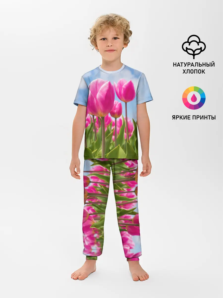 Детская пижама с брюками / Розовые тюльпаны