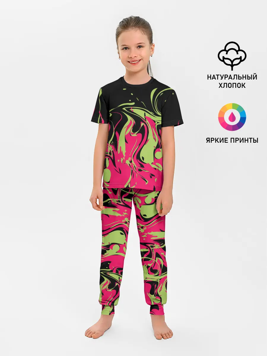 Детская пижама с брюками / Черно малиновый абстрактный