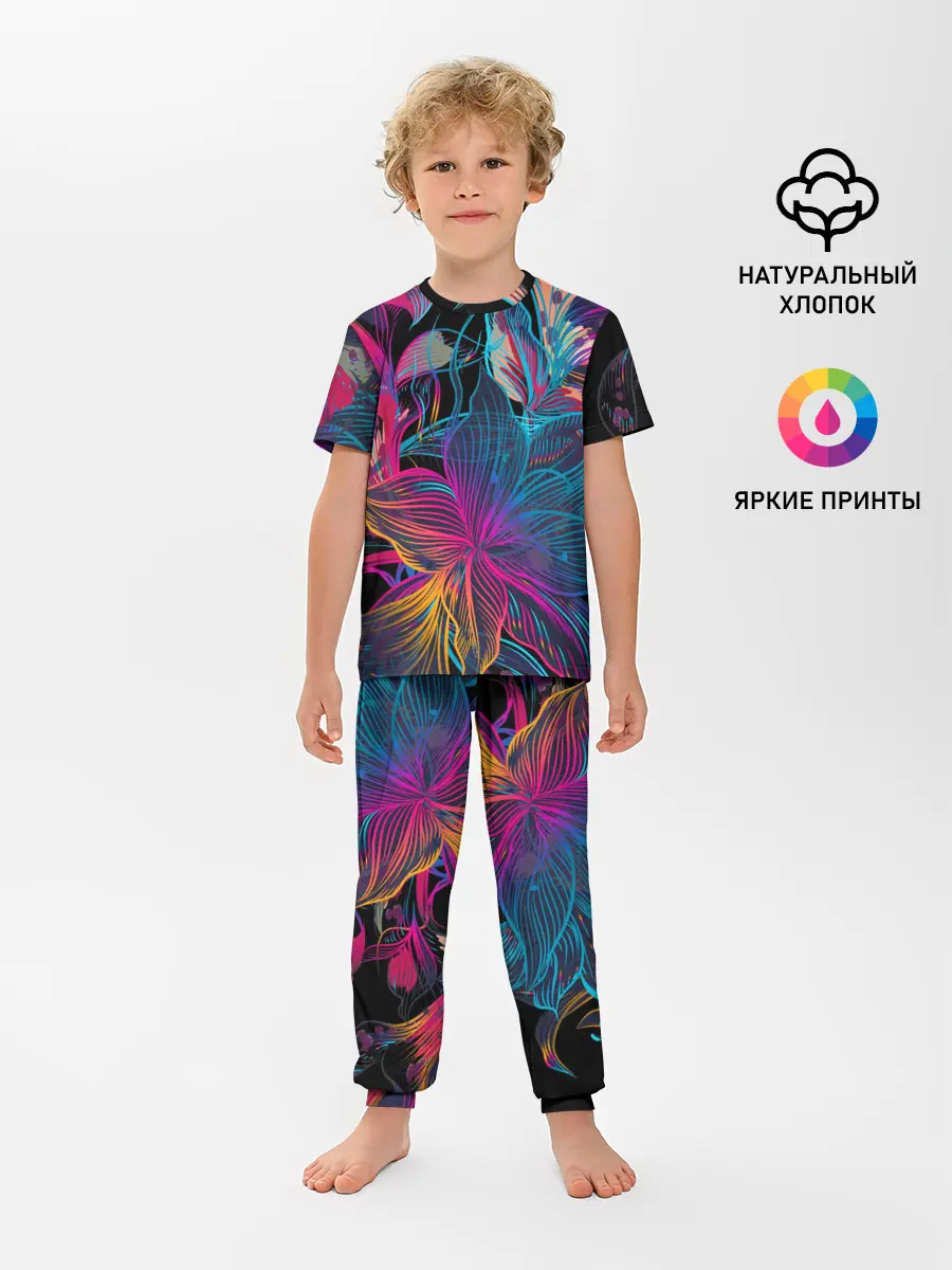 Детская пижама с брюками / Flowers | Неон