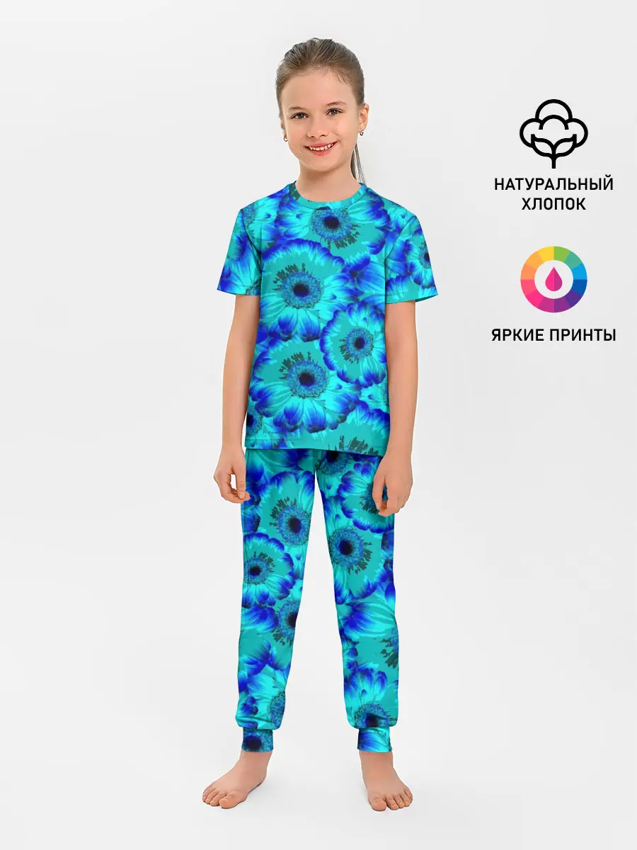 Детская пижама с брюками / Голубые хризантемы