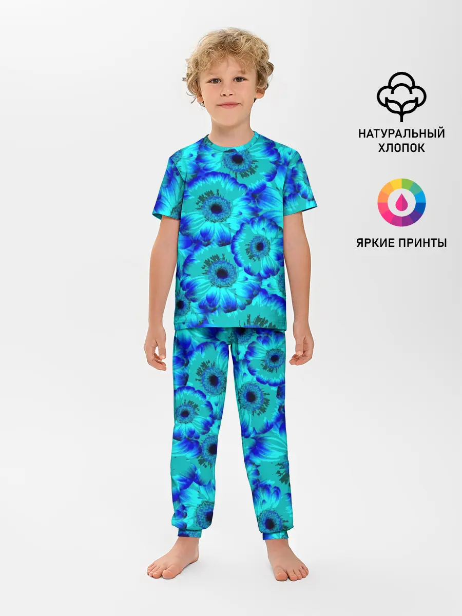 Детская пижама с брюками / Голубые хризантемы