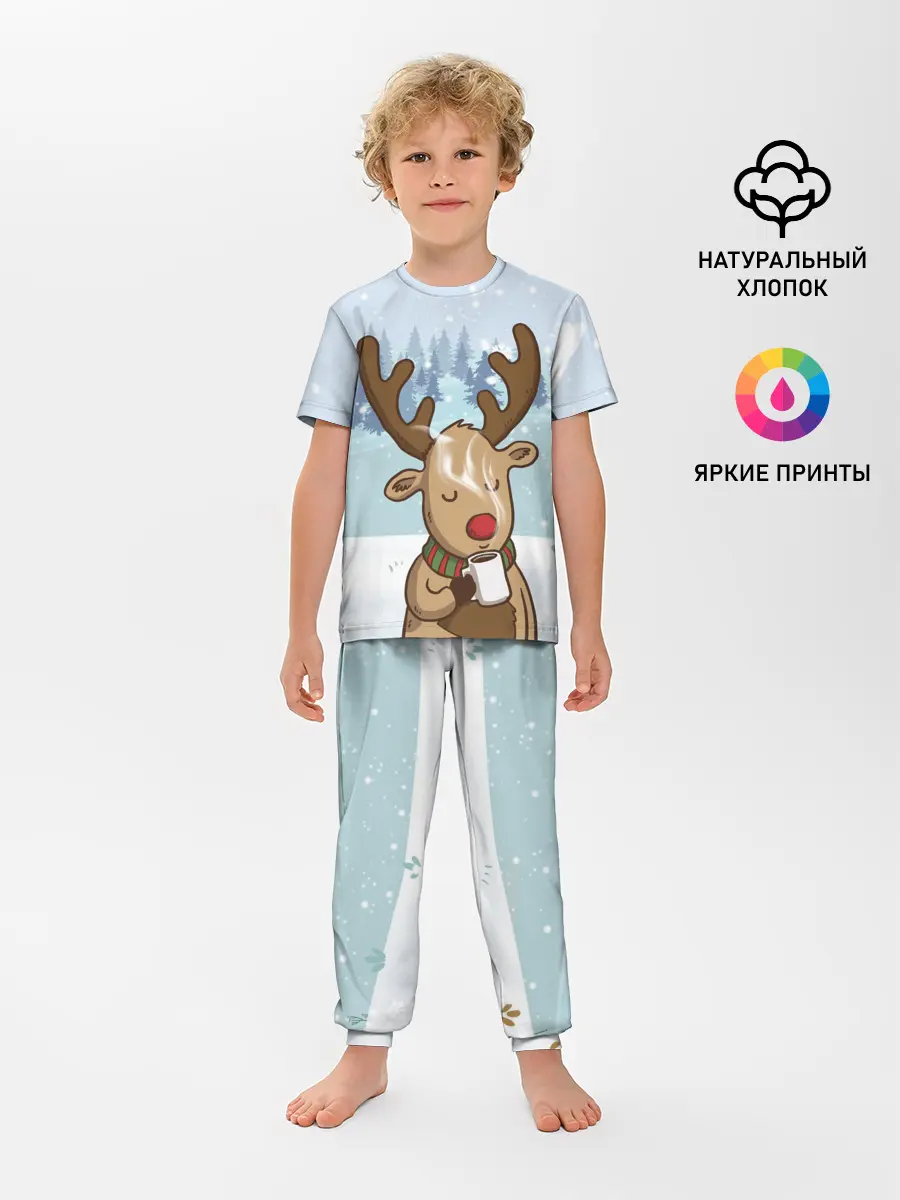 Детская пижама с брюками / Олень с кружкой