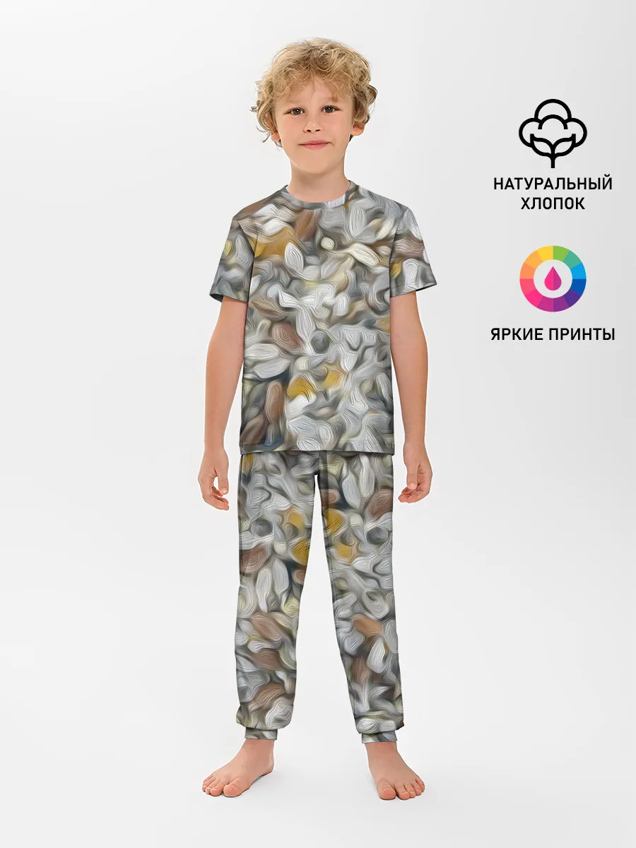 Детская пижама с брюками / желто-серый каменный узор