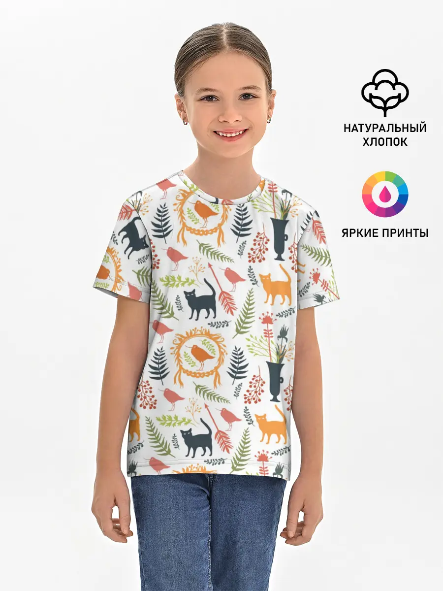 Детская базовая футболка / О кошках и птичках