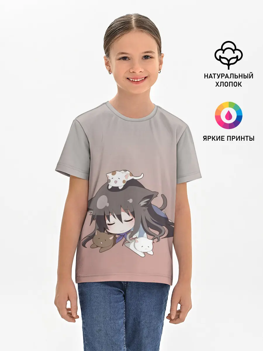 Детская базовая футболка / малышка спит ушки котики