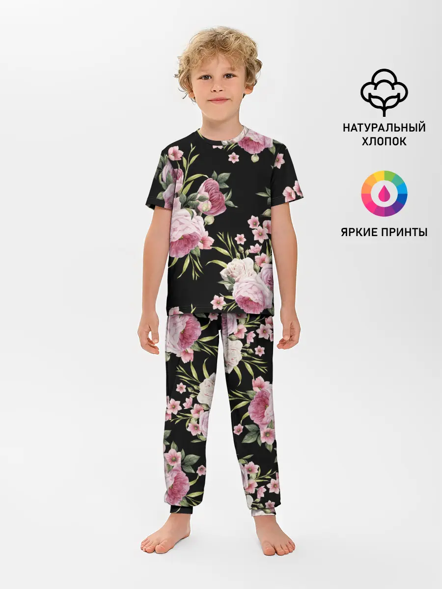 Детская пижама с брюками / Пионы на Чёрном