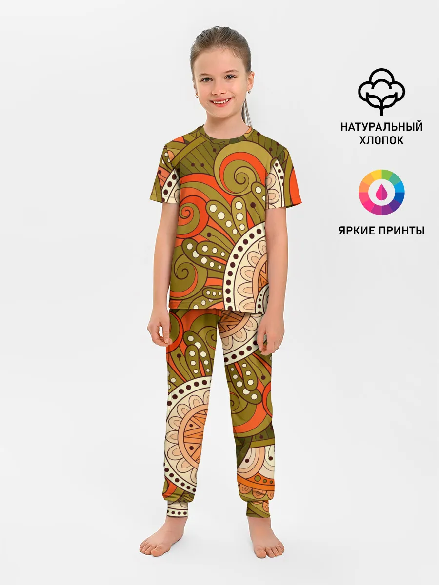 Детская пижама с брюками / Детский оранжево-болотный