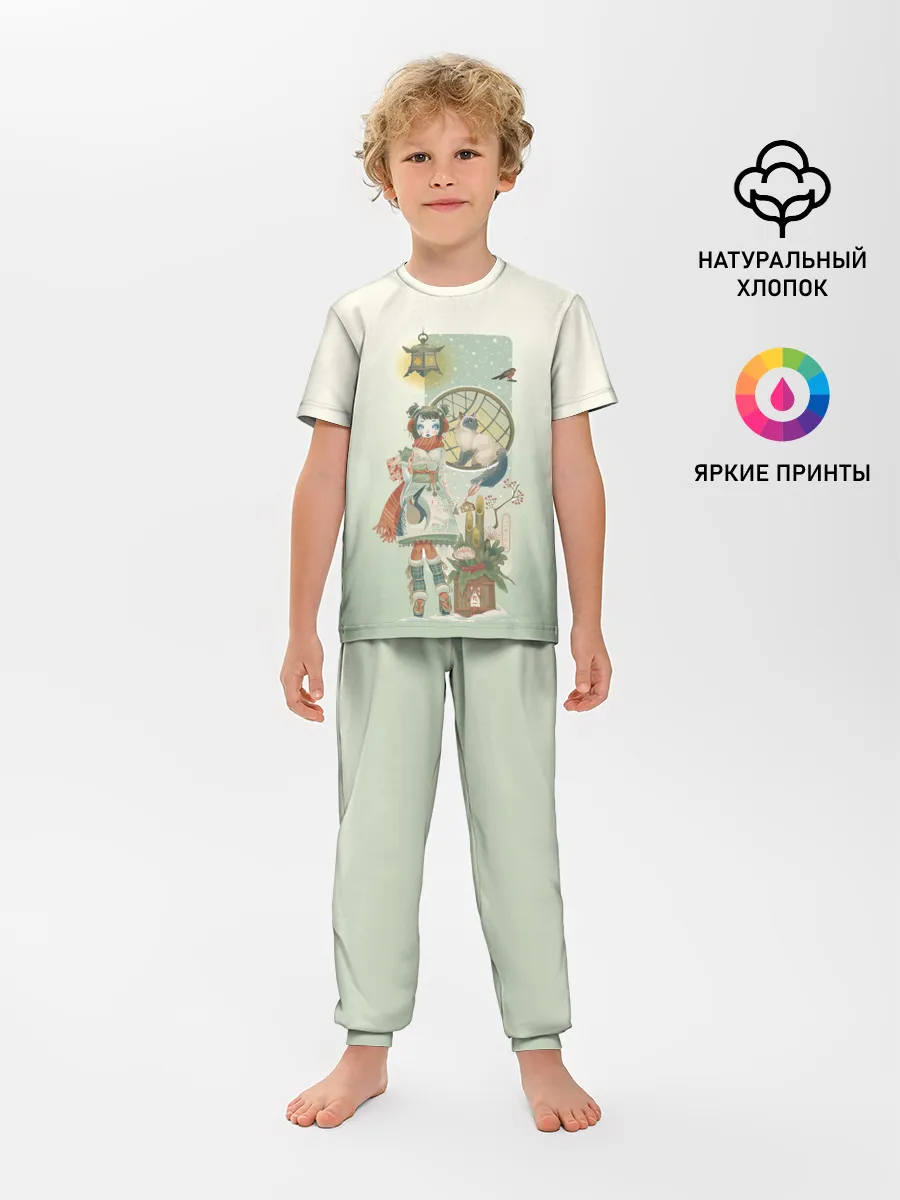 Детская пижама с брюками / девушка кимоно зима Япония кот