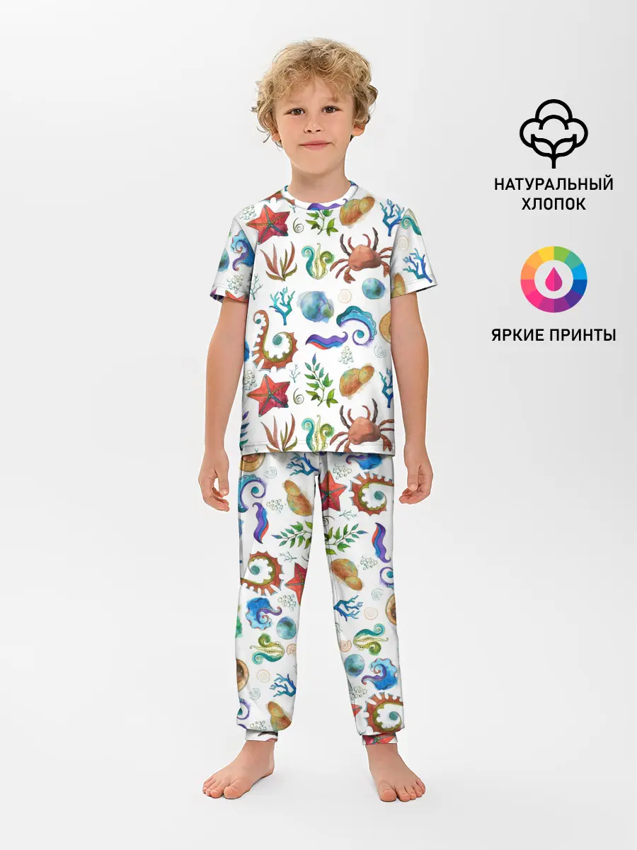 Детская пижама с брюками / Морской паттерн с крабами и водорослями