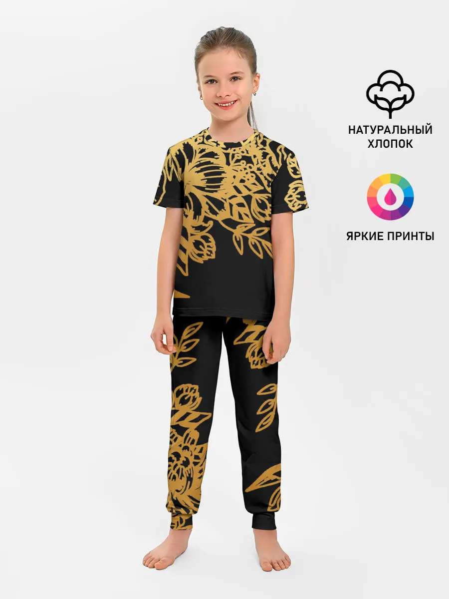 Детская пижама с брюками / Золотые цветы на белом