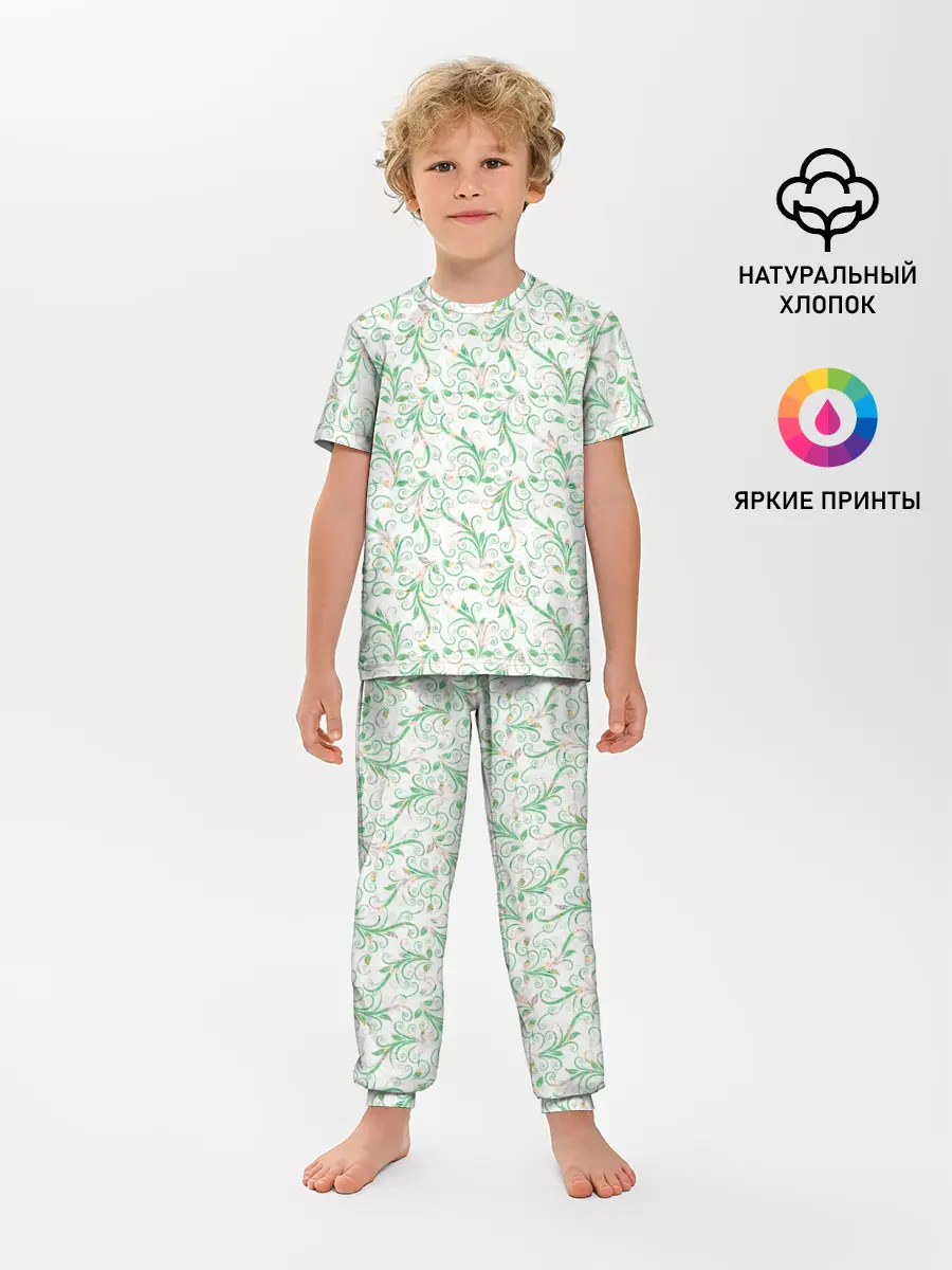 Детская пижама с брюками / Весенние узоры из листьев