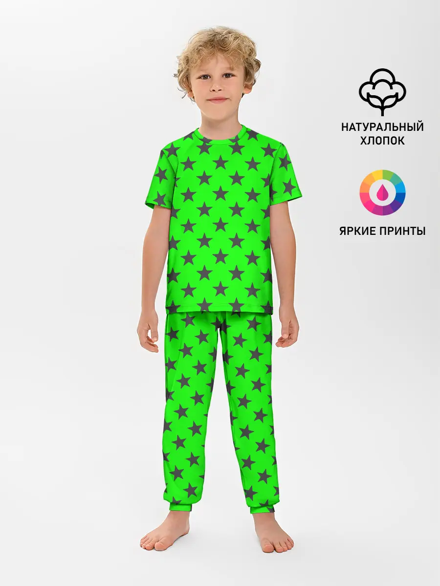Детская пижама с брюками / звездный фон зеленый