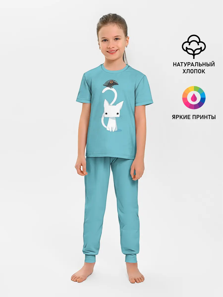 Детская пижама с брюками / Белый котик и воробушек