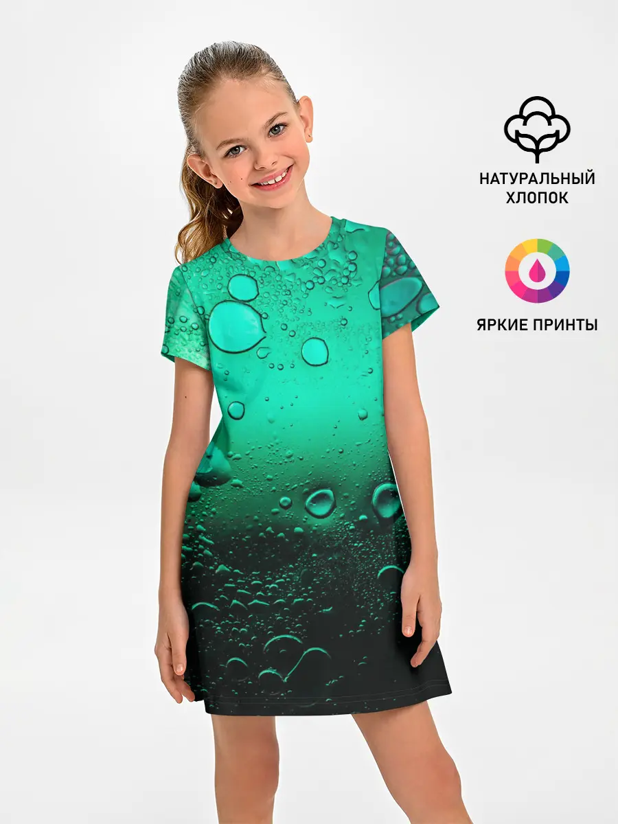Детское платье / Зеленые капли клетки