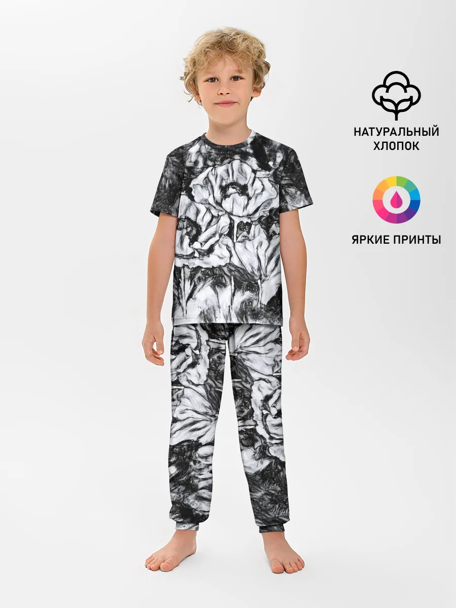 Детская пижама с брюками / Черно-белый узор. Маки.