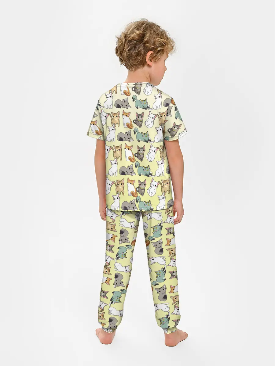 Детская пижама с брюками / мультяшные котики на желтом мя