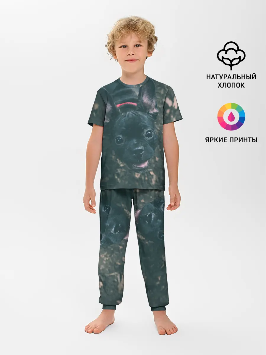 Детская пижама с брюками / Бульдог морда собакена черного