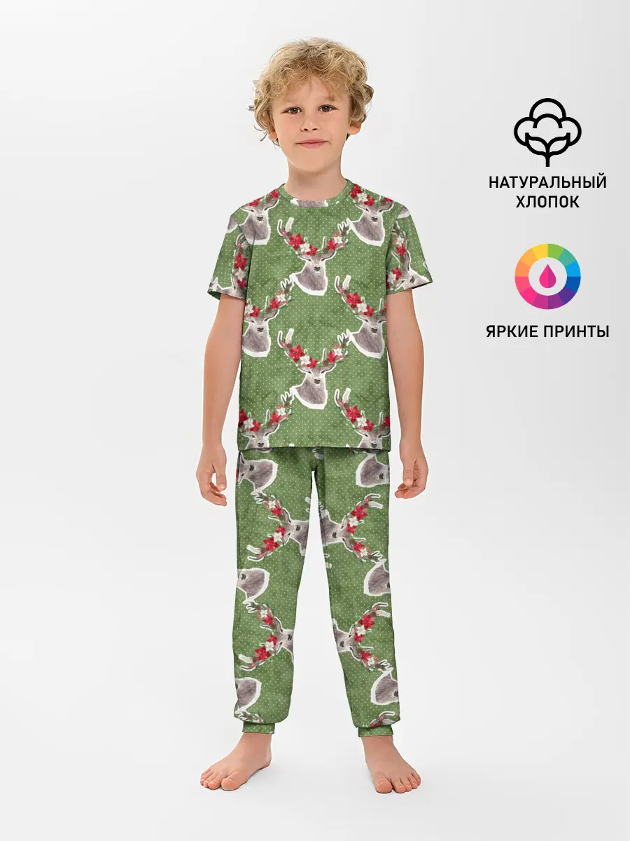 Детская пижама с брюками / Новогодние олени 2022