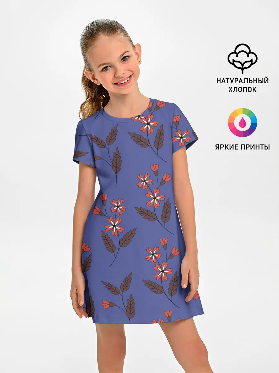 Детское платье / Цветы на синем фоне