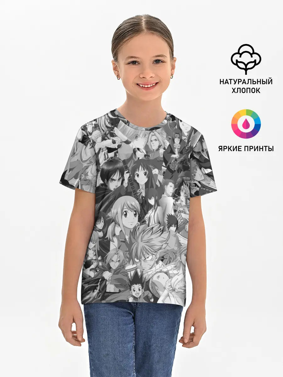 Детская базовая футболка / МНОГО ЧЕРНО-БЕЛЫХ АНИМЕ ДЕВОЧЕК