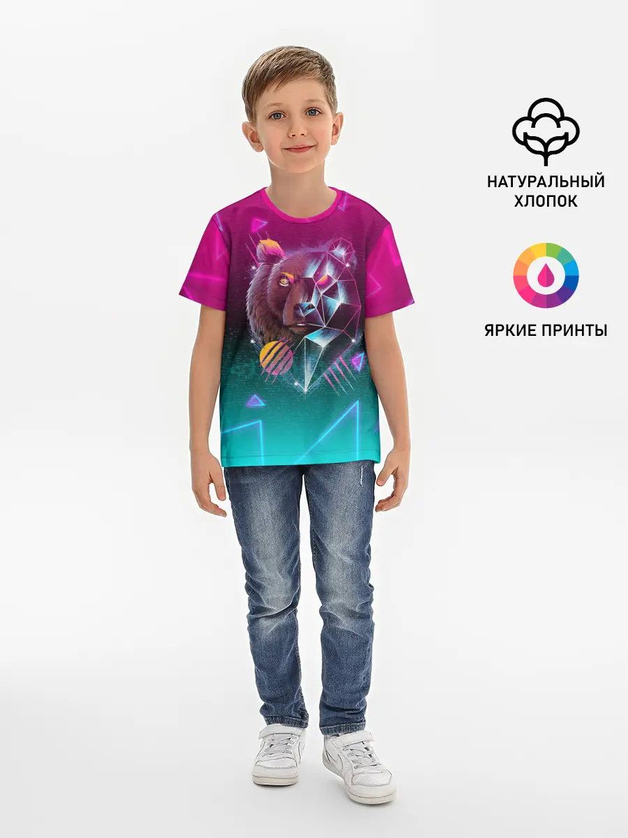 Детская базовая футболка / RETRO CYBER BEAR NEON