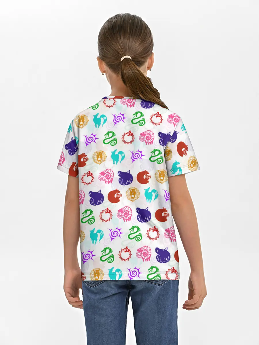 Детская базовая футболка / 7 СМЕРТНЫХ ГРЕХОВ ЦВЕТНОЙ ПАТТЕРН СИМВОЛЫ